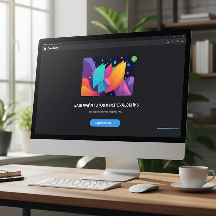 Фотореалистичный скриншот окна скачивания в Креатум, где отображён готовый к использованию файл без водяных знаков, естественное освещение, высокая детализация, 4K, профессиональная фотосъёмка