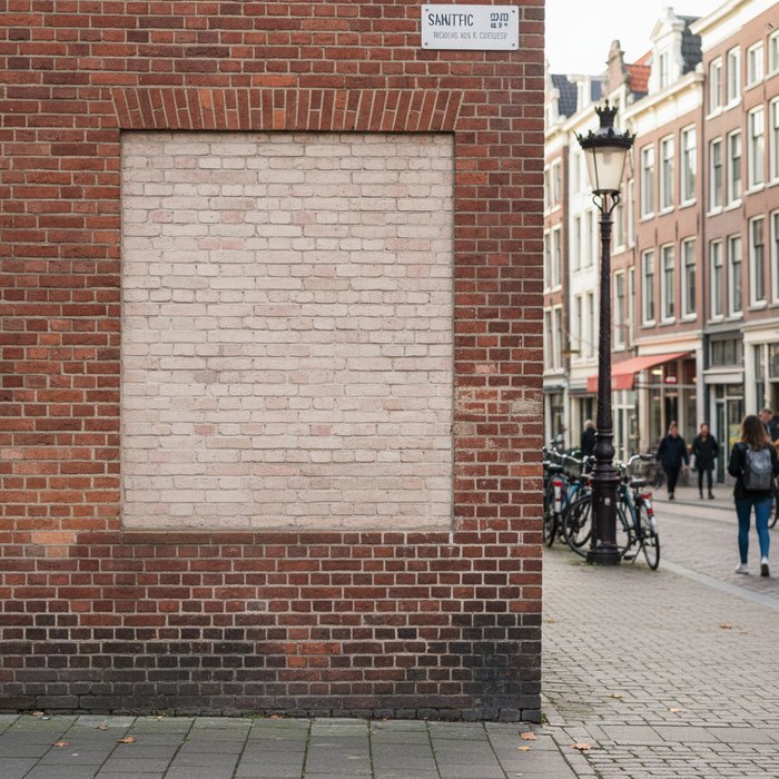 фотография городской улицы с чистой кирпичной стеной, на которой ранее был яркий рекламный баннер с надписью, естественное дневное освещение, высокая детализация, фотореализм