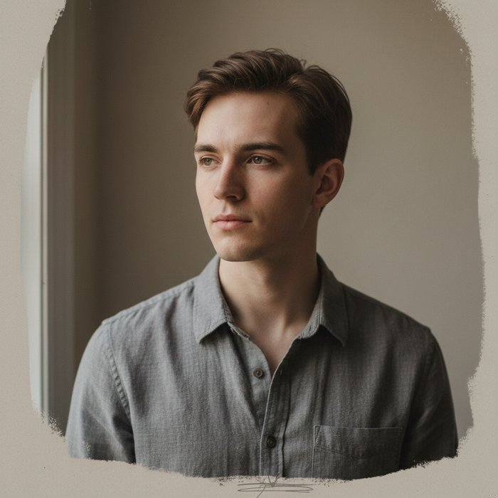 портретный снимок человека на фоне нейтральной стены, где ранее была подпись внизу, естественное мягкое освещение, высокая детализация, фотореализм