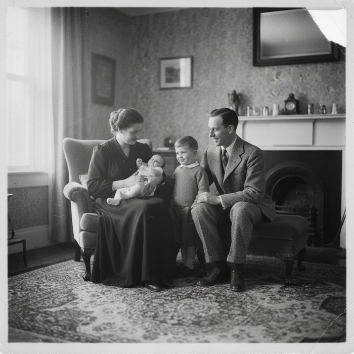 аналоговая черно‑белая фотография старой семейной сцены, где ранее была рукописная дата в углу, мягкое рассеянное освещение, высокая детализация, фотореализм