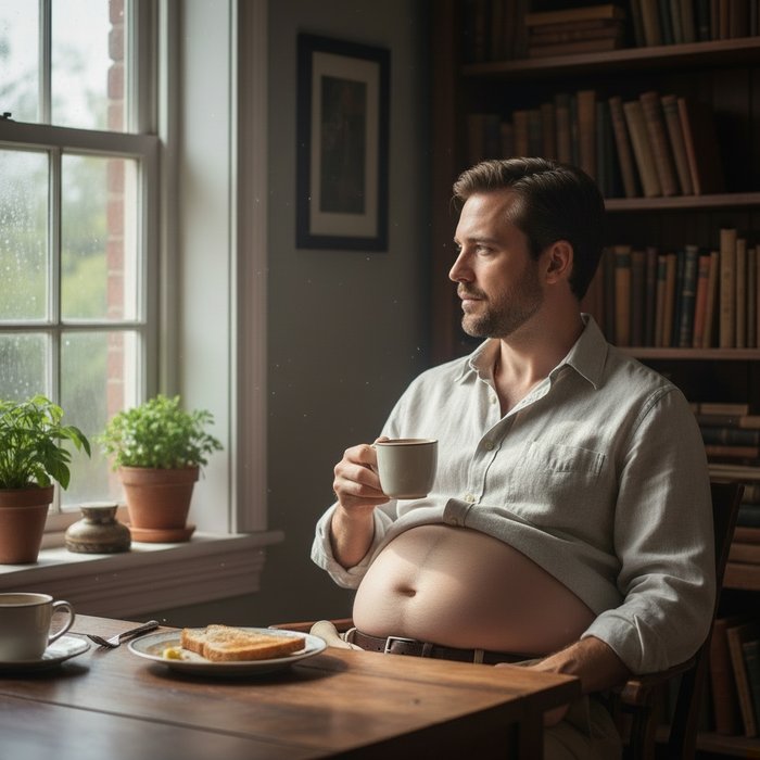 тот же мужчина в той же рубашке сидит за столом, естественное освещение окна, живот визуально уменьшен, сохраняется естественная текстура кожи и детали одежды, фото в 4K