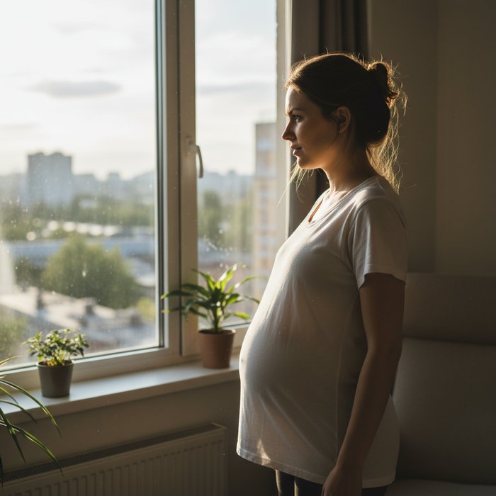 женщина в светлой футболке стоит у окна, естественное дневное освещение, виден небольшой выступающий живот, высокодетализированное фото в 4K