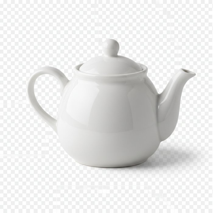 Товар — белый керамический чайник, снятый на столе с текстурой ткани, после удаления фона помещён на чистый прозрачный фон, детали сохраняются, естественное освещение, высокая детализация, 4K