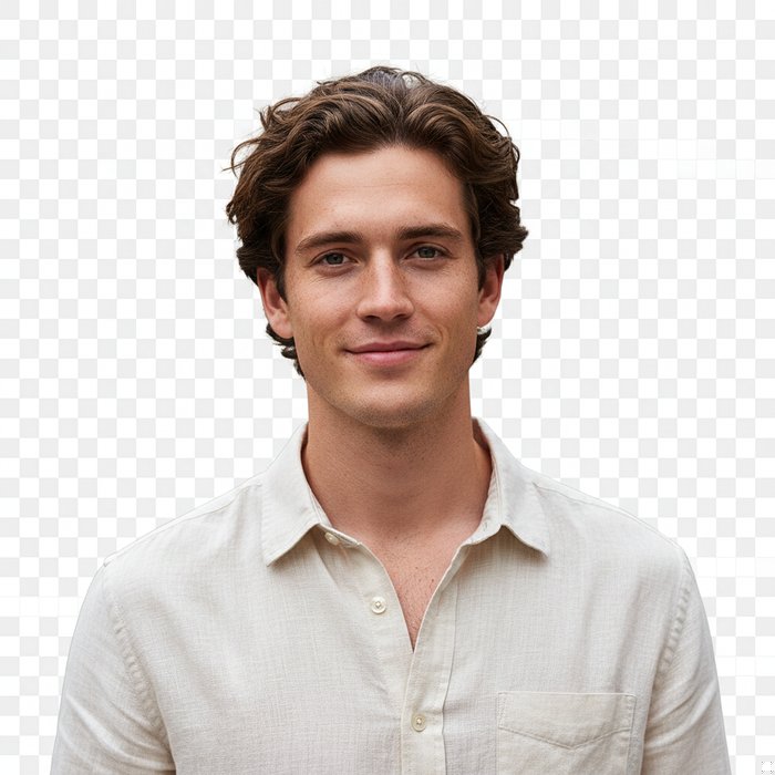 Портрет молодого человека в светлой рубашке, снятый на городской улице, после удаления фона помещён на чистый прозрачный фон, детали лица и одежды сохранены, естественное освещение, высокая детализация, 4K