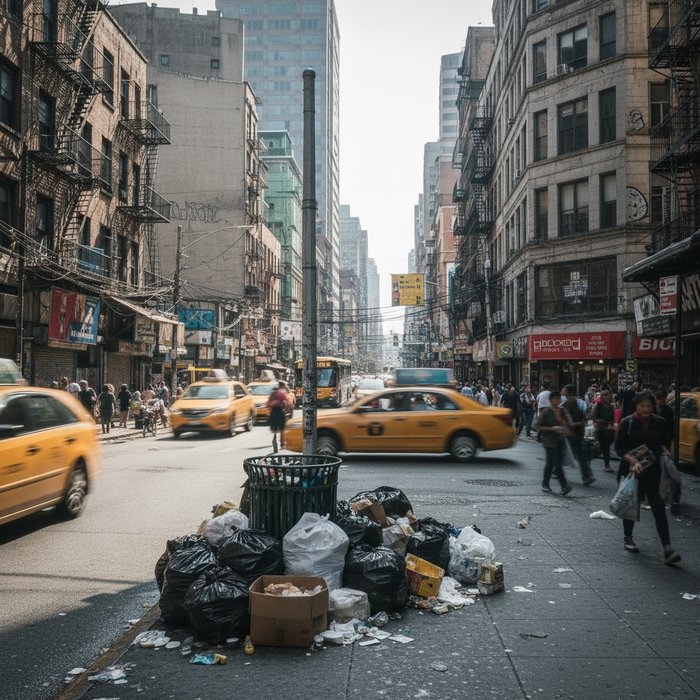 та же городская улица в дневное время, без мусорных пакетов, рекламных щитов и проводов, чистый фон, естественное освещение, высокая детализация, 4K