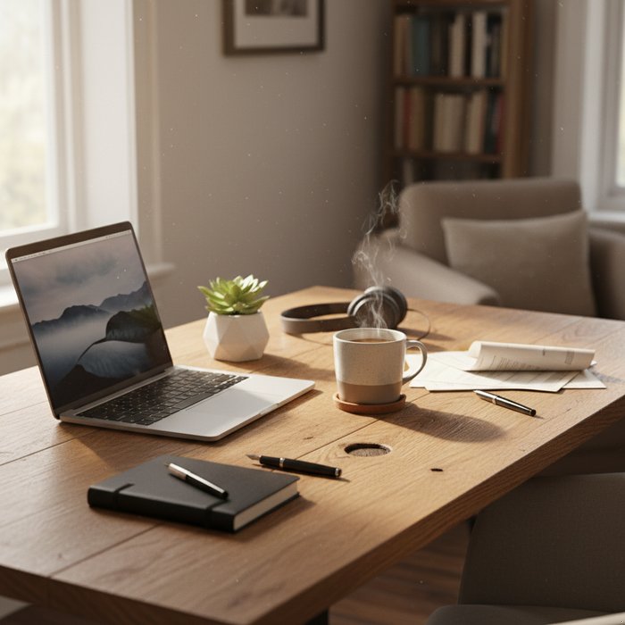 фотореалистичное изображение рабочего стола, на котором удалён лишний предмет, естественное освещение, высокая детализация, 4K