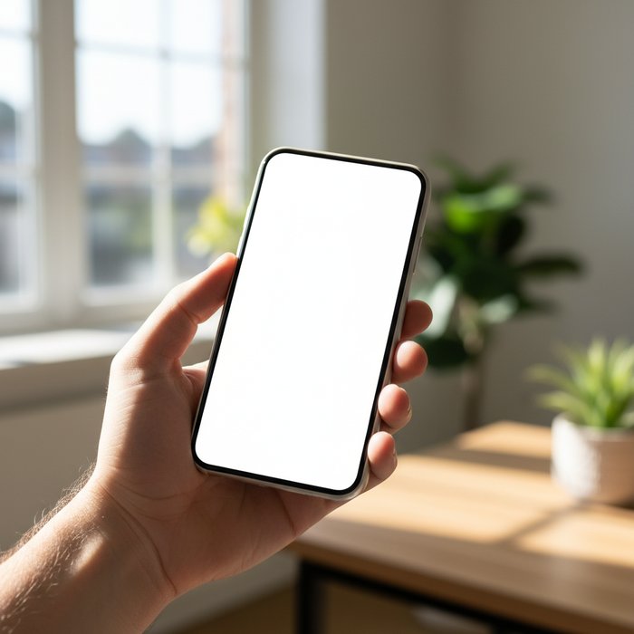фото смартфона в руке, на экране которого чистое изображение без лишних объектов, естественное освещение, фотореализм, 4K