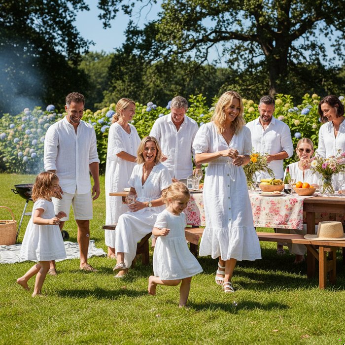 фотография семейного праздника на открытом воздухе, яркое естественное освещение, люди в летней одежде, высокое разрешение, фотореализм, детали кожи и одежды сохранены, фон без посторонних фигур