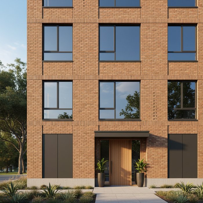 фотография современного жилого дома, чистый фасад без проводов и рекламных баннеров, естественное дневное освещение, высокая детализация кирпичной кладки, фотореализм