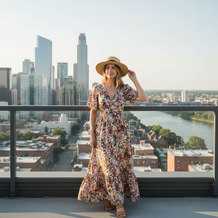 портрет женщины в летнем платье, стоящая на фоне городского пейзажа, без водяных знаков, естественное дневное освещение, фотореализм, 4K