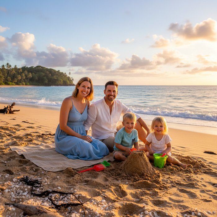семейный портрет на пляже, дети играют в песке, без водяных знаков, естественное освещение, фотореализм, 4K, яркие цвета