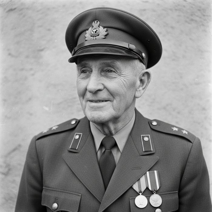 чёрно‑белый портрет дедушки в военной форме, без водяного знака, мягкое контрастное освещение, фотореализм, 4K