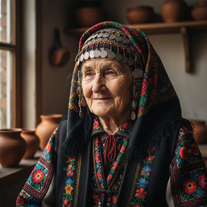 фотореалистичный портрет пожилой женщины в традиционной одежде, яркие естественные цвета, высокая детализация лица, мягкое естественное освещение, 4K