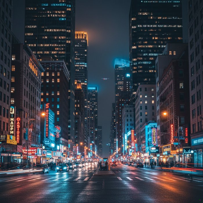 фотореалистичный ночной городской пейзаж с освещёнными окнами высотных зданий, яркие неоновые вывески, чёткие детали улицы, естественное освещение, 4K