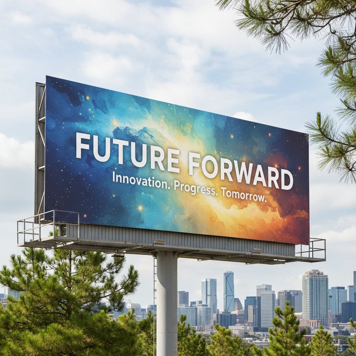 фотография рекламного баннера с ярким фоном, где текст надписи после улучшения выглядит чётким, без размытости, естественное освещение, высокая детализация, 4K, фотореализм