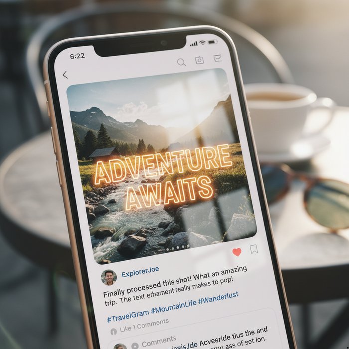 мобильный экран с постом в соцсети, где надпись на фото после улучшения выглядит чёткой и яркой, естественное освещение, высокая детализация, 4K, фотореализм