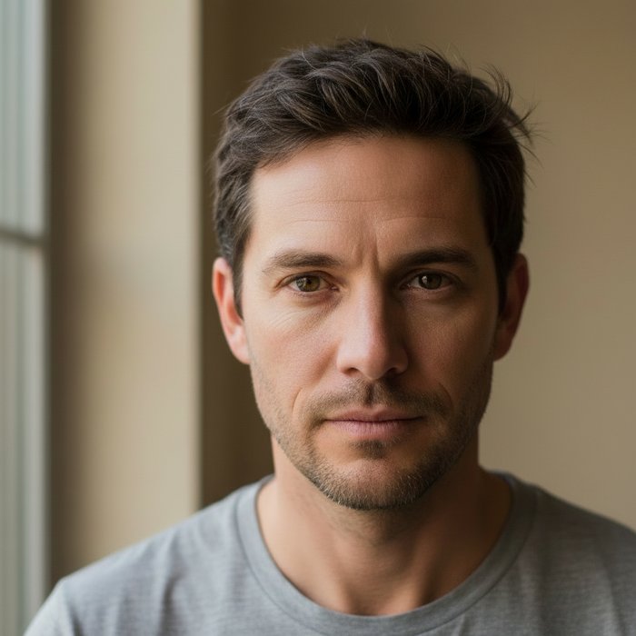 тот же портрет мужчины после уменьшения носа, детали лица сохраняются, естественное освещение, фотореализм, высокая детализация, 4K