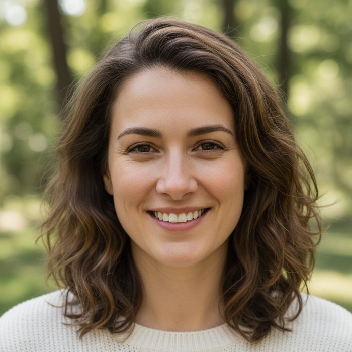 портрет женщины с естественной улыбкой, слегка уменьшенный и утончённый нос, фотореализм, естественное освещение, высокая детализация, 4K