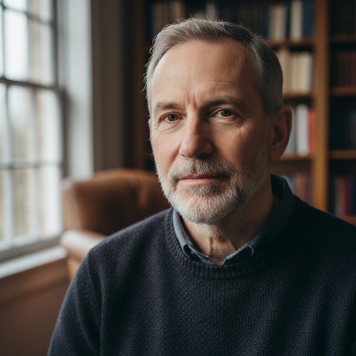 портрет мужчины среднего возраста с более узким и прямым носом, фотореализм, естественное освещение, высокая детализация, 4K