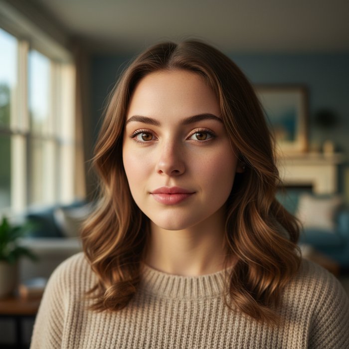 портрет девушки с лёгким уменьшением длины носа, сохраняющие естественные пропорции лица, фотореализм, естественное освещение, высокая детализация, 4K