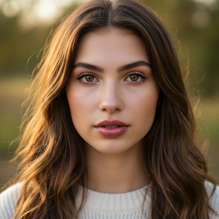 портрет молодой женщины в естественном освещении, губы слегка увеличены, яркие глаза, фотореализм, 4K детализация
