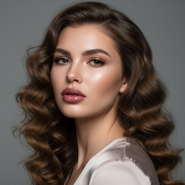 портрет модели в студийном свете, губы умеренно увеличены, безупречная кожа, фотореализм, 4K детализация