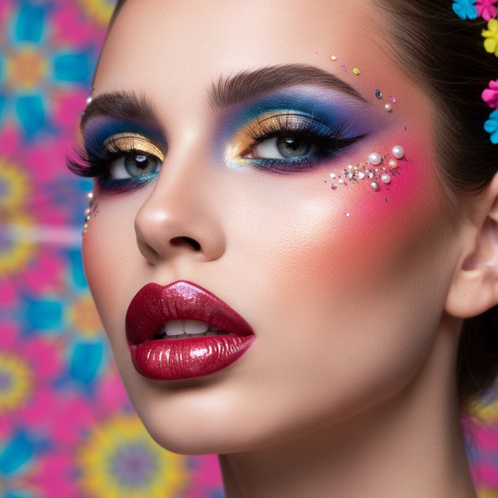 креативный портрет с ярким макияжем, губы заметно увеличены, выразительные черты, фотореализм, 4K детализация
