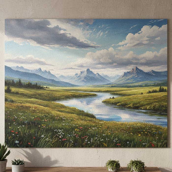 Фотореалистичное изображение крупного настенного панно с ярким пейзажем, снятого в естественном освещении, детали травы и неба чётко различимы, высокая детализация, 4K, естественная цветопередача