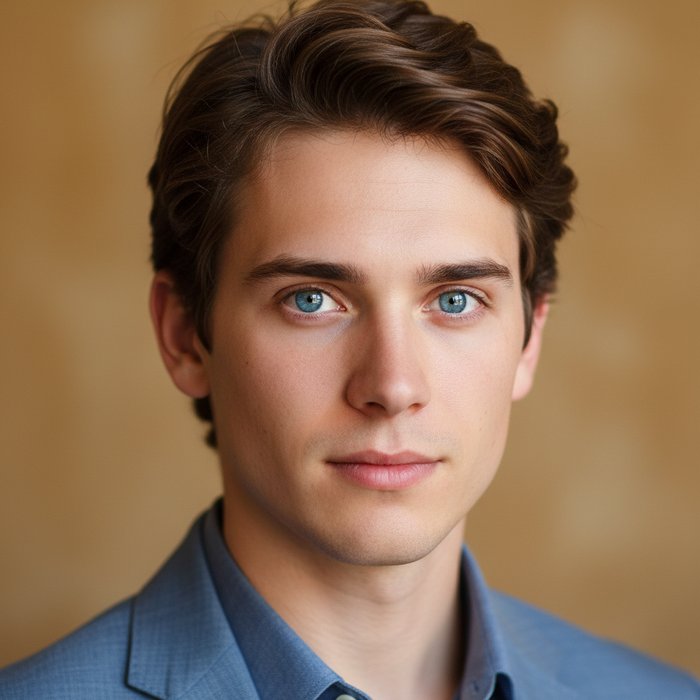 реалистичный портрет молодого человека после реставрации, яркие глаза, естественная кожа, детализированные волосы, профессиональная фотосъёмка