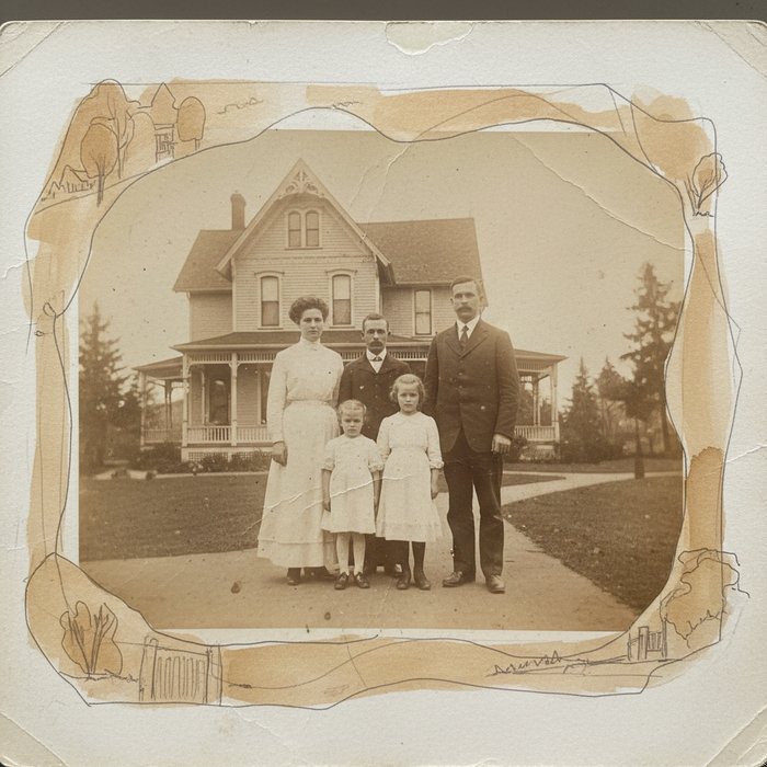 фотореалистичное изображение старой фотографии после ручного дополнения недостающих частей, естественное освещение, высокая детализация, гармоничное сочетание восстановленных и оригинальных элементов