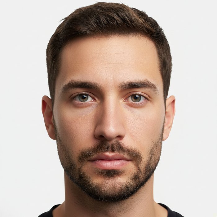 Вырезанное лицо молодого мужчины, помещённое на нейтральный светлый фон, чёткие контуры, детали кожи и волос, естественное освещение, высокая детализация, 4K, фотореализм