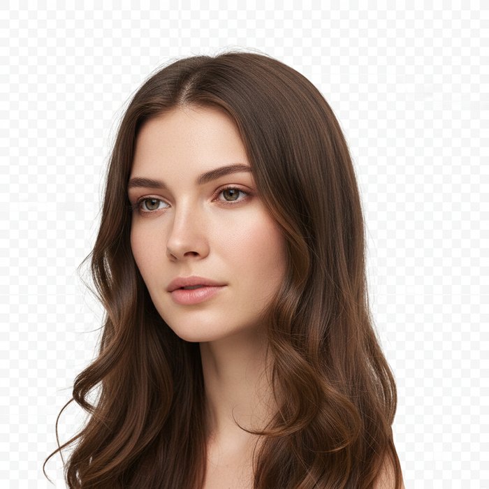 Лицо женщины с длинными волосами, вырезанное по точному контуру, сохранены детали прядей, помещённое на прозрачный фон, естественное освещение, высокая детализация, 4K, фотореализм