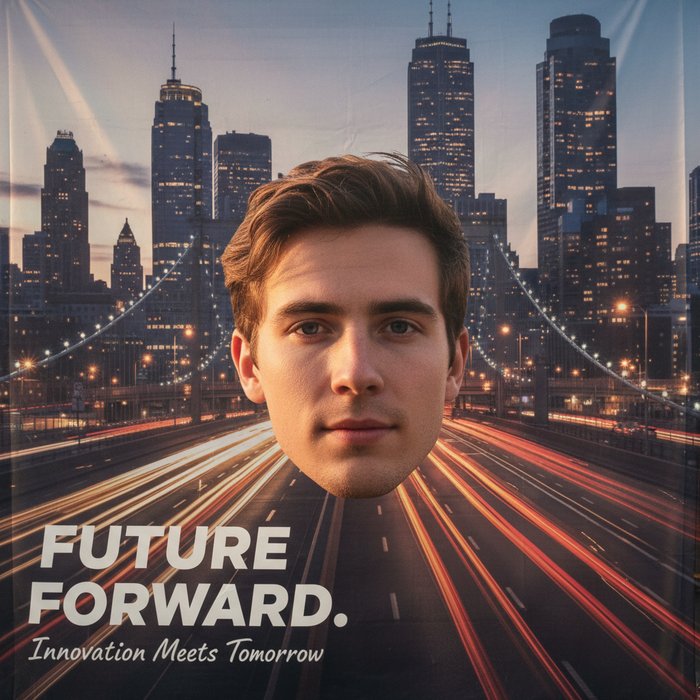 Вырезанное лицо молодого человека, интегрированное в рекламный баннер с ярким городским фоном, естественное освещение, детали кожи и волос, высокая детализация, 4K, фотореализм