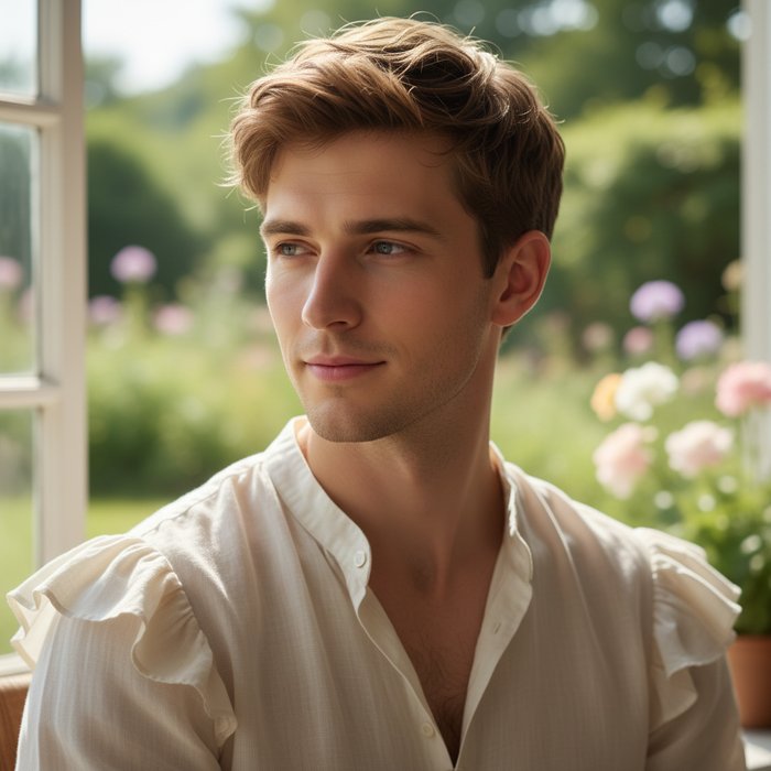 Фотореалистичный портрет женщины в светлой блузке, лицо заменено на лицо молодого мужчины, естественное освещение, высокая детализация, 4K, профессиональная фотосъёмка