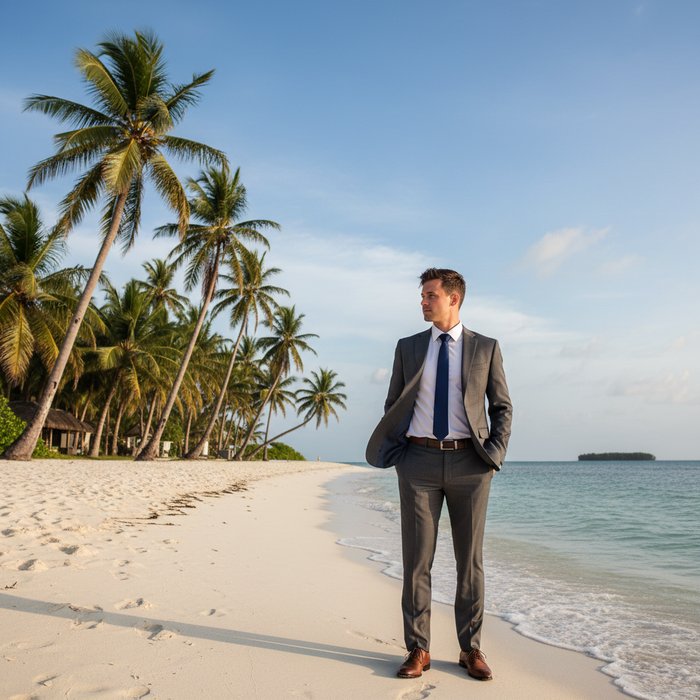 Фотореалистичное изображение мужчины в деловом костюме, стоящего на пляже с пальмами, естественное освещение, высокая детализация, 4K, профессиональная фотосъёмка