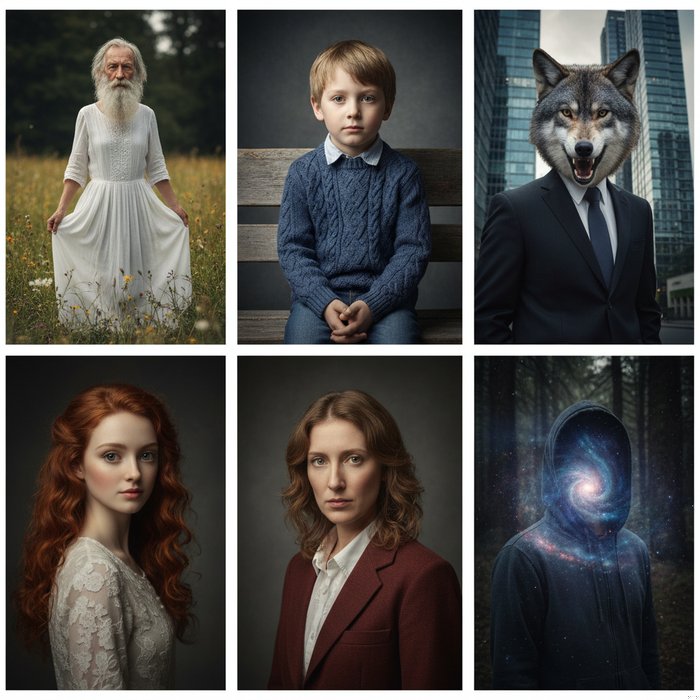 Коллаж из пяти фотореалистичных портретов, каждый с заменённым лицом, естественное освещение, высокая детализация, 4K, профессиональная фотосъёмка