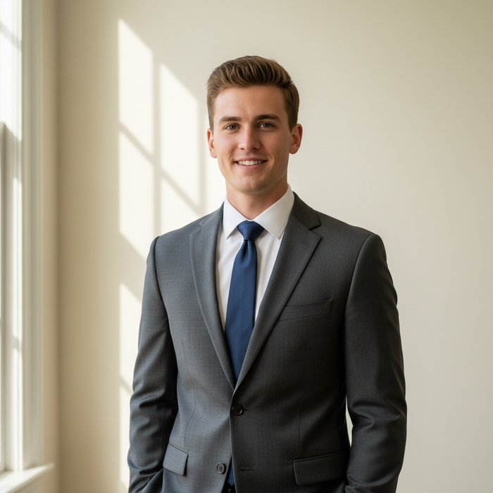 Портрет молодого человека в деловом костюме, стоящего перед светлым однотонным студийным фоном, естественное освещение, высокая детализация, 4K, реалистичная цветопередача