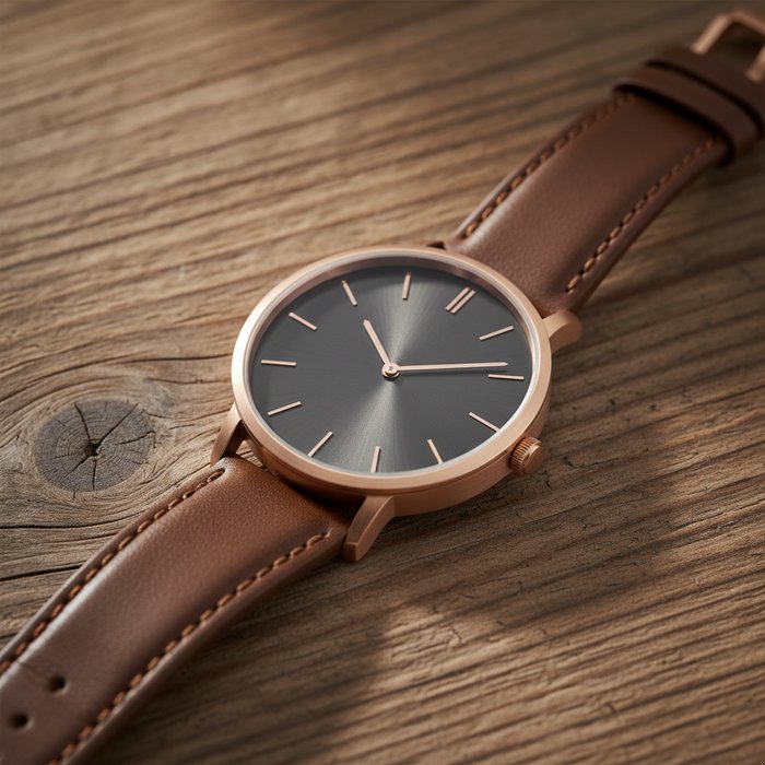 Стильные часы на деревянном фоне, мягкое рассеянное освещение, высокая детализация, 4K, фотореализм, естественная цветопередача