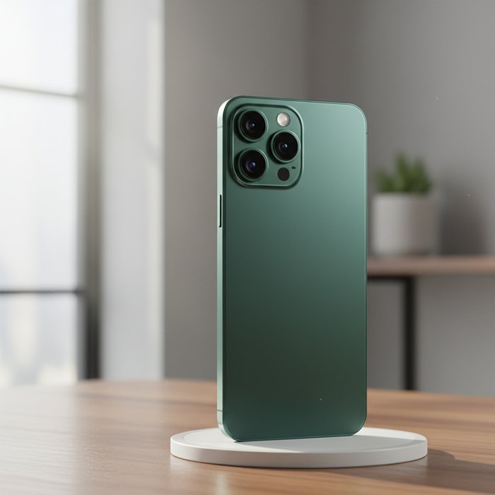 фотореалистичное изображение нового смартфона на столе, яркое естественное освещение, детали корпуса чётко видны, нейтральный фон, высокая детализация, 4K