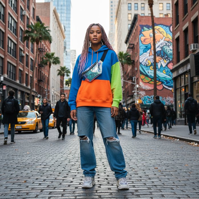 фотореалистичное изображение модели в современной одежде на городском фоне, естественное освещение, яркие цвета, высокая детализация, 4K