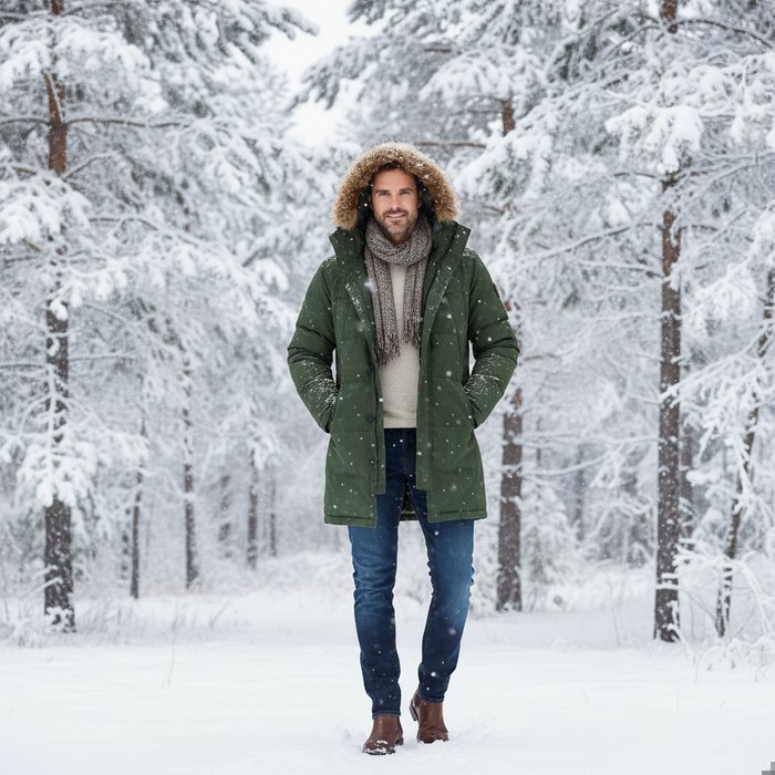 тот же мужчина, теперь в зимнем парке, покрытом свежим снегом, вокруг сосны с инеем, мягкий свет рассеивается сквозь ветви, детали одежды и лица сохраняются, фотореализм, высокая детализация