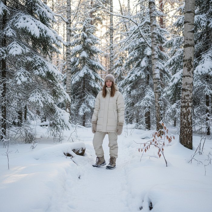молодая женщина в тёплой одежде стоит в заснеженном лесу, мягкий свет пробивается сквозь ветви, снег покрывает землю, детали листьев и инея видны в высоком разрешении, фотореализм, естественная цветопередача