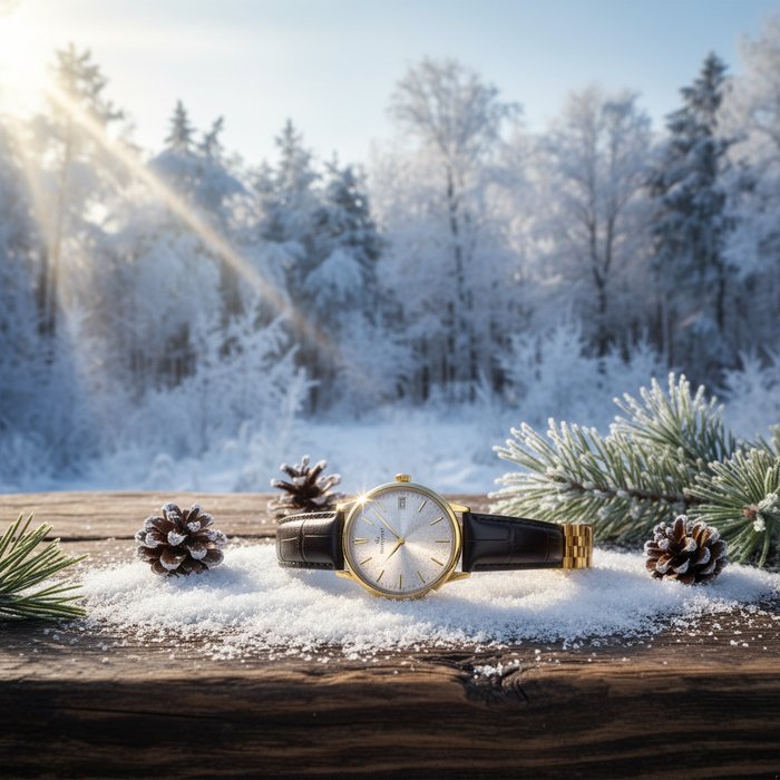 элегантные часы на деревянном столе, окружённые лёгким слоем свежего снега, фон — замёрзший лес, свет падает под углом, подчёркивая блеск металла, фотореализм, высокая детализация