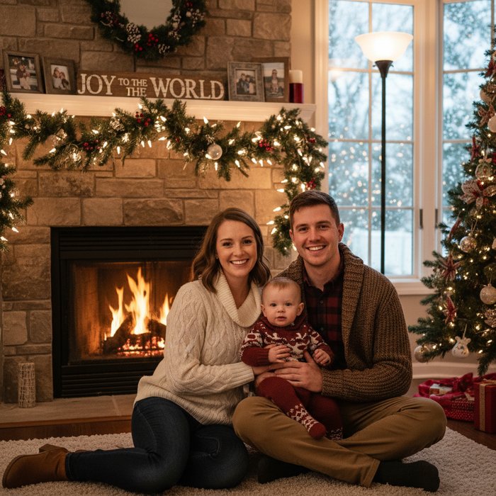 семейный портрет у камина, за окном падает снег, в комнате мягкий свет, на стене новогодние гирлянды, детали одежды и выражения лиц чётко видны, фотореализм, 4K